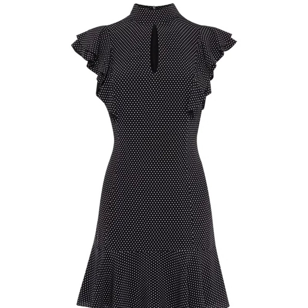 Karen Millen Black White Ruffle Keyhole Tie Neck Dress Size 6 - Picture 8 of 9